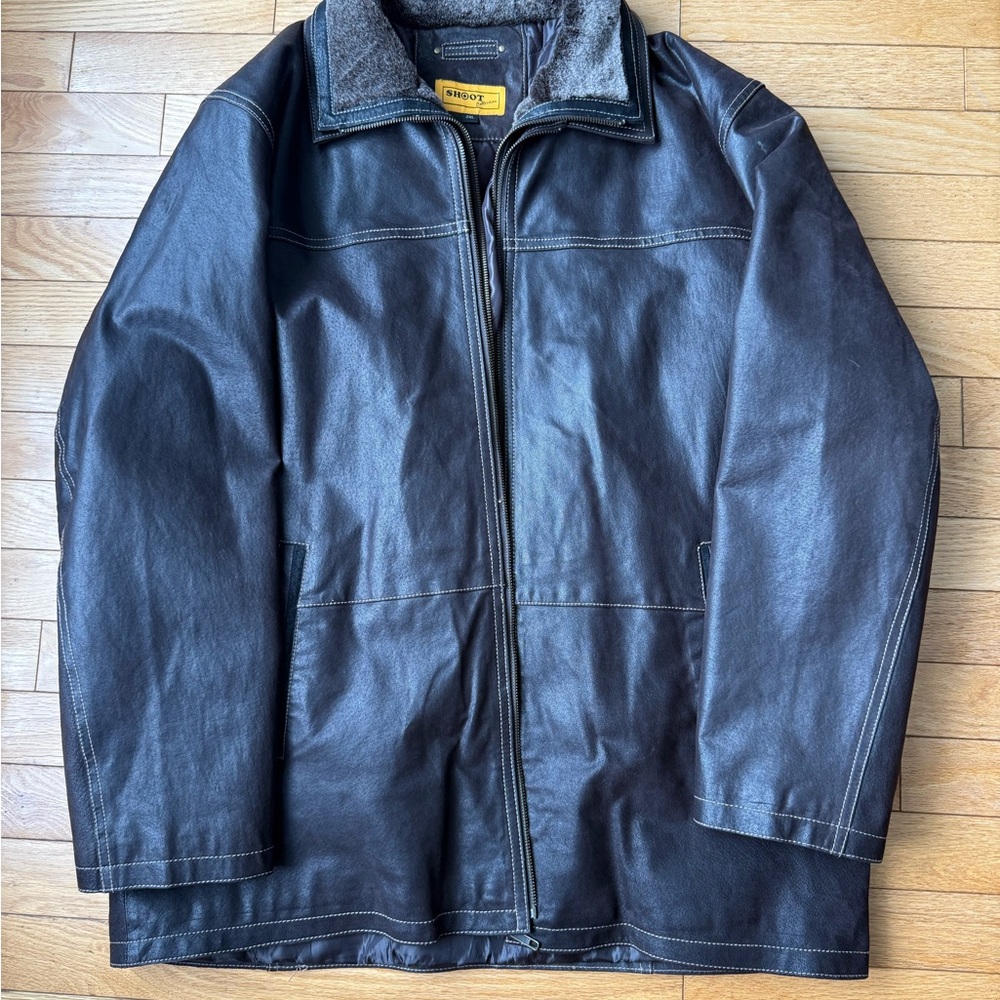 Brioni Black Leather Pea Coat with Shearling Collar
